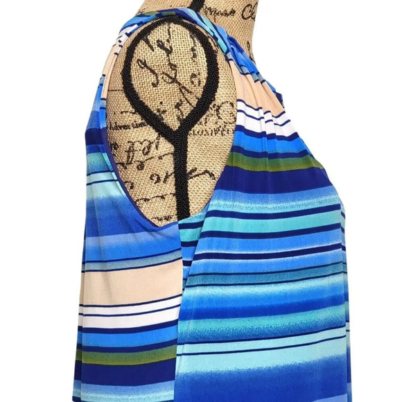 LUXOLOGY Women's Split V Neck Sleeveless Striped Shift Dress Size Medium Blue - Picture 5 of 16